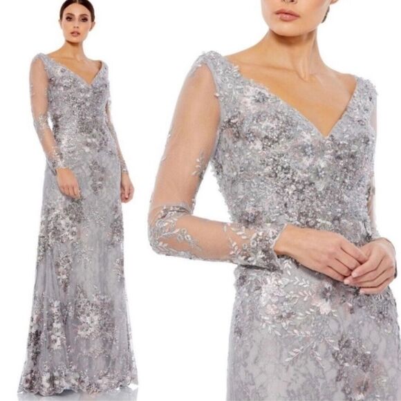 Mac Duggal Platinum Embroidered Lace Sheer Long Sleeve Formal Gown Sz 14 NWT - Picture 1 of 16